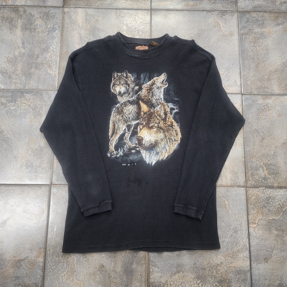 Vintage Y2K American Wildlife Men's XL Wolf Nature Thermal Waffle Knit T Shirt